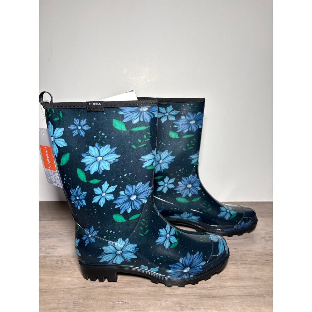 HISEA Women's Rubber‎ Mid-Calf Rainboots Black Blue Floral Size 7- NWT